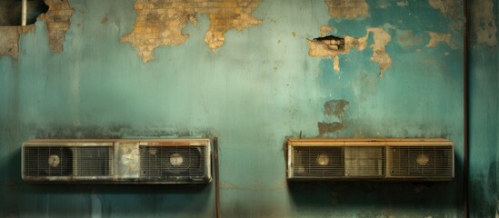 Two old, rusted air conditioners on a worn building wall