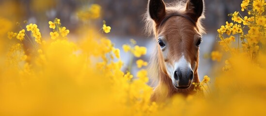 Lone Horse Amidst Blooming Meadow - obrazy, fototapety, plakaty