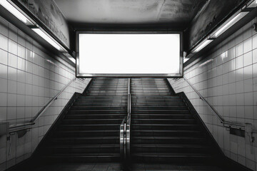 A monochrome shot of a vacant subway station with a central staircase leading to a striking blank billboard for ads - obrazy, fototapety, plakaty
