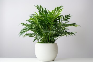 Exotic house plant in different ceramic pots on floor near grey wall. Decorative palm tree. Home gardening and decor. Love nature, green house. Background, banner, poster with copy space