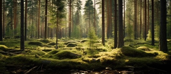A tranquil forest with tree-covered rocks in scenic Sweden - obrazy, fototapety, plakaty