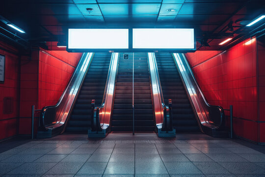A striking image featuring an escalator bathed in red light leading to two empty advertising spaces