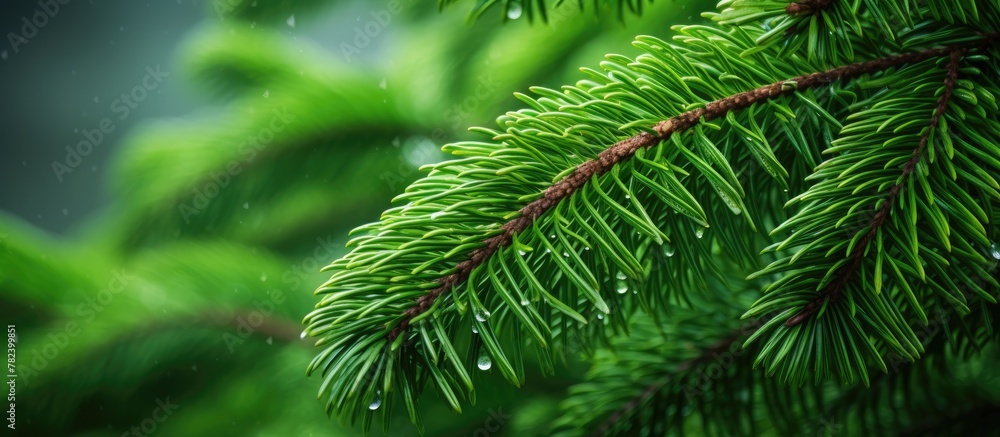 Poster close up of dew on a pine tree branch