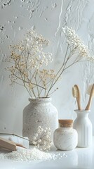 Obraz premium Serene Botanical Arrangement with Bathroom Accents on Neutral Background
