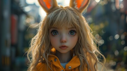 a close up of a doll wearing bunny ears and a yellow jacket