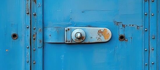 Blue door latch on small aircraft's curved metal hinge