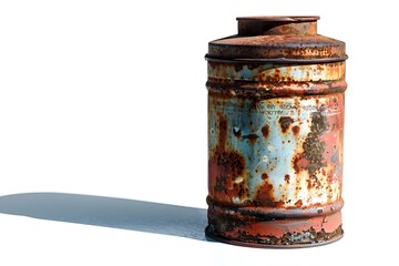 Vintage Worn Oil Can with Lengthy Shadow on Clean White Background - obrazy, fototapety, plakaty