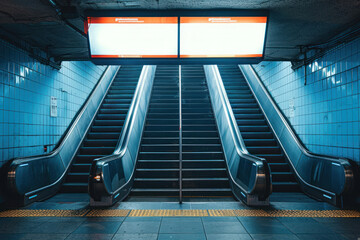 A vacant and symmetrical view of blue-tinted escalators in a subway station, suggesting urban desolation
