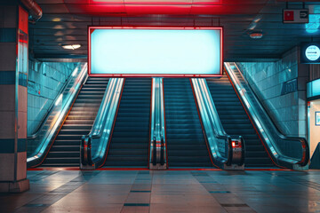 Dynamic red and blue lighting over empty escalators in a subway station, evoking a futuristic vibe