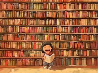 In a tranquil library, a child laughing quietly pierces the silence, happiness a stark contrast to the solemn rows of books surrounding.