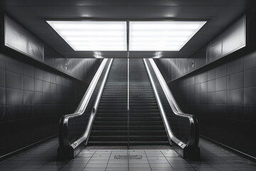 A monochrome snapshot of escalators within a subway station, projecting a minimalist aesthetic