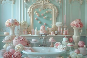 Whimsical Pastel Vanity with Ornate Bathroom Accessories and Decor