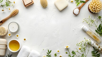 Fototapeta na wymiar Bathroom Wellness Essentials on Minimalist White Background