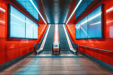 This image captures the symmetry of an empty subway passage, bathed in neon light and sleek design