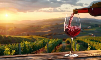Red wine being poured into a glass on a wooden table, vineyard landscape on the background with...