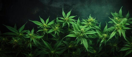 Group of cannabis plants in dimly lit area