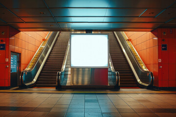 An empty advertisement space frames an escalator in a vibrant, modern subway station inviting viewers for branding