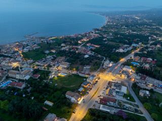 Aerial drone view od roda beach in north corfu Greece by night