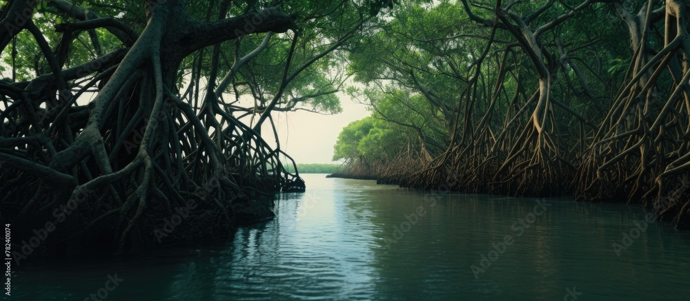 Poster river surrounded by trees flowing gently