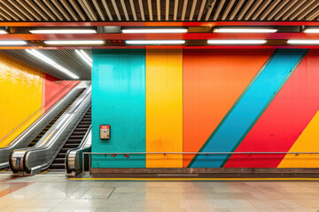 The lively colors in a subway with ascending escalator beside a creative striped wall forming a catchy backdrop