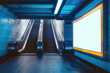A subway passage lit with cool blue tones featuring an escalator and an advertisement display with a warm border