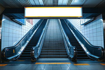 An escalator leads to a subway platform with a large advertising board in a scene indicative of urban travel