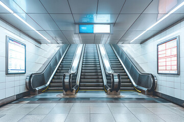 A symmetrical shot of empty escalators in a clean and modern subway station, conveying a sense of urban solitude