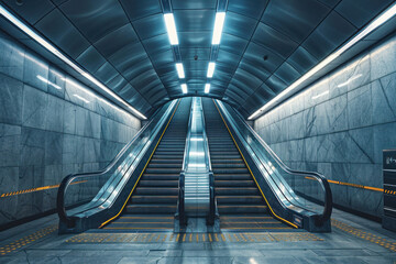 A sleek, modern subway station with escalators bathed in cool blue light, offering a sense of urban progress