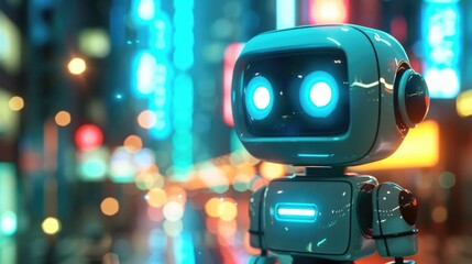 Cute Chubby Cyborg Robot with Glowing Neon Lights Against Vibrant Urban Backdrop - obrazy, fototapety, plakaty