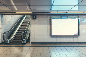 An empty, modern subway station interior featuring a blank billboard perfect for advertisements or art