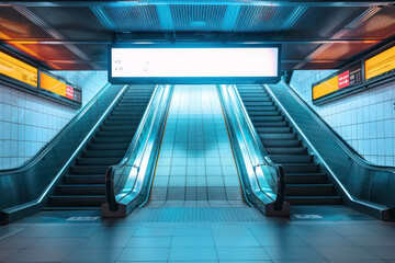 A subway station featuring an illuminated blank billboard offers an ideal space for advertising amidst the urban commute