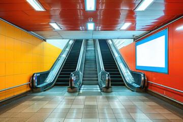 A sleek subway station interior, with striking red walls and potential advertisement space on a blank screen
