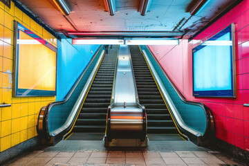 A brightly colored subway passageway featuring escalators and large advertisement screens or posters
