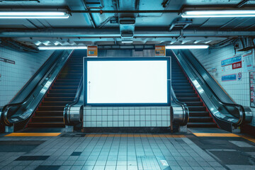 An undisturbed subway station with a large blank advertising screen, ideal for marketing display