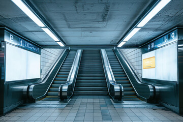 Clean and well-lit subway station escalator with blue lighting and informational signage - 782401437
