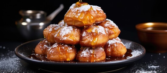 Plate of glazed donuts with sweet syrup - obrazy, fototapety, plakaty