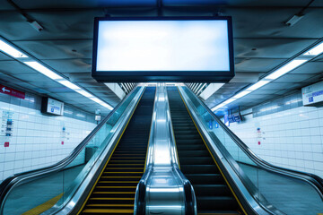 An escalator bathed in blue light, offering a futuristic and calm ambiance, suggestive of reliability and cool efficiency - 782401473