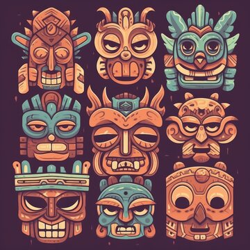 Vibrant Indigenous Masks and Symbols from Mayan and Hawaiian Cultures Generative AI
