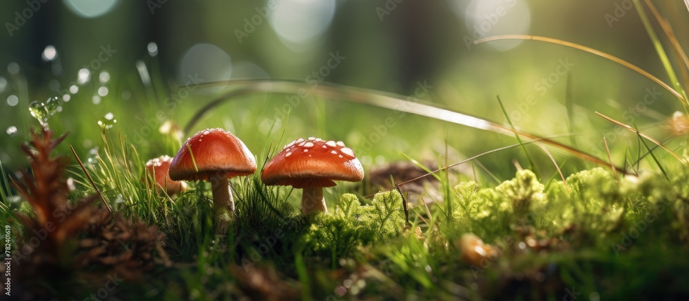 Wall mural Two mushrooms bask in the sun on grass