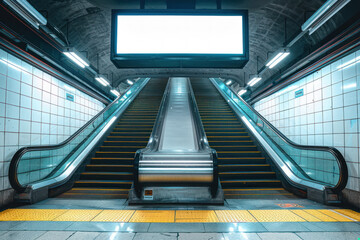 Photo of escalators in a subway station leading to a bright, illuminated blank billboard at night - 782401605