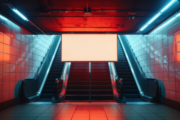 An illuminated blank billboard above a subway station escalator bathed in red neon light, ready for advertising