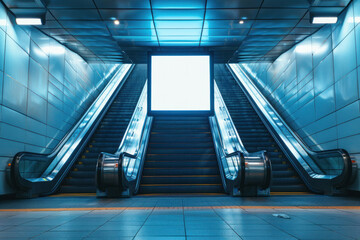 A wide corridor in a subway station featuring escalators and a large advertising board, lit with a blue hue - obrazy, fototapety, plakaty