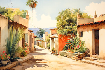 Mexican street and cityscape painted in watercolor. The back alleys of the suburbs, the tropics, and the lives of the people of Latin America with a sense of life. - obrazy, fototapety, plakaty