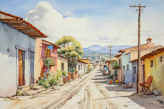 Mexican street and cityscape painted in watercolor. The back alleys of the suburbs, the tropics, and the lives of the people of Latin America with a sense of life.