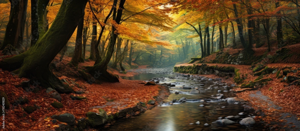 Poster autumn forest stream with colorful foliage and rocks