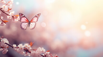 Butterfly. Blurred spring style background, pastel colors, copy space