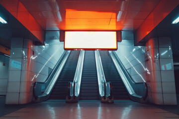 Striking orange lights frame a blank billboard in a subway station, creating a dramatic advertising scenario - 782401810