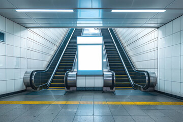 Pristine subway station with a clean escalator leading to a well-lit blank advertising space - 782401827
