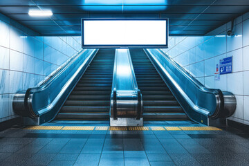 A sleek and efficient subway station design featuring an escalator and a blank advertising billboard, symbolizing urban transport and advertising space - 782401847