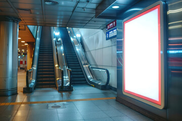 An inviting subway station entrance with a brightly lit advertisement display panel, indicating a point of transit and potential marketing reach - 782401882
